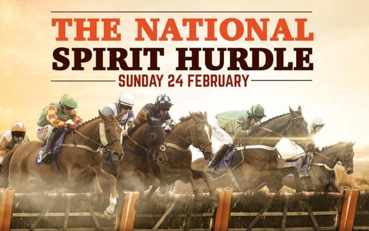 Promotional banner for National Spirit Hurdle race at Fontwell Park, featuring jockeys jumping over a hurdle.