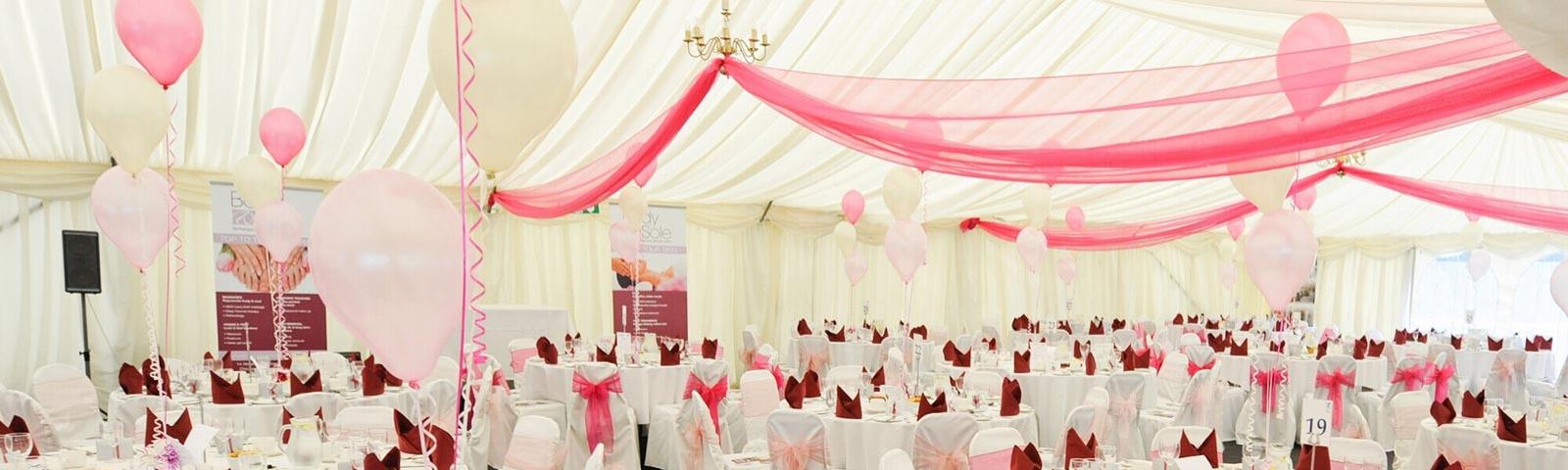 A panoramic view inside the beautifully decorated Paddock Marquee at Fontwell Park Racecourse.