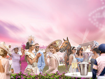 Ladies Day race event banner with stylish racegoers, a jockey and horse, and champagne under a pink sunset sky.