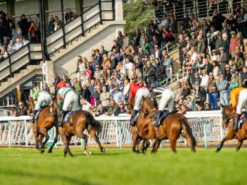 The back of horses and jockeys heading past the crowd at Fontwell