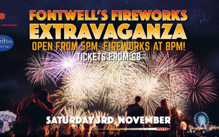 Promotional banner for a fireworks show at Fontwell Park Racecourse.