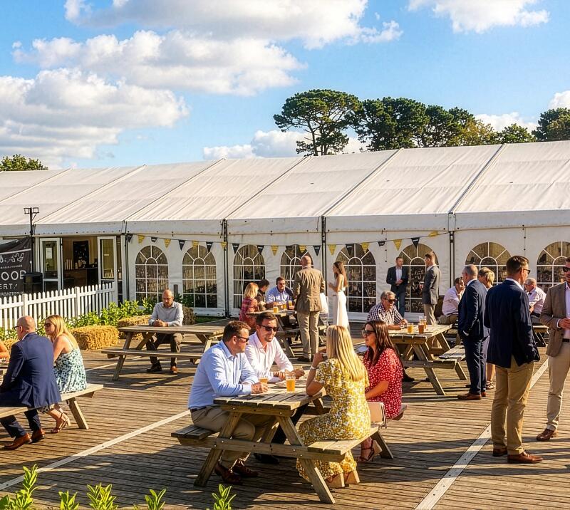 fontwell park racecourse, marquee, people outside sitting and standing at a summer party