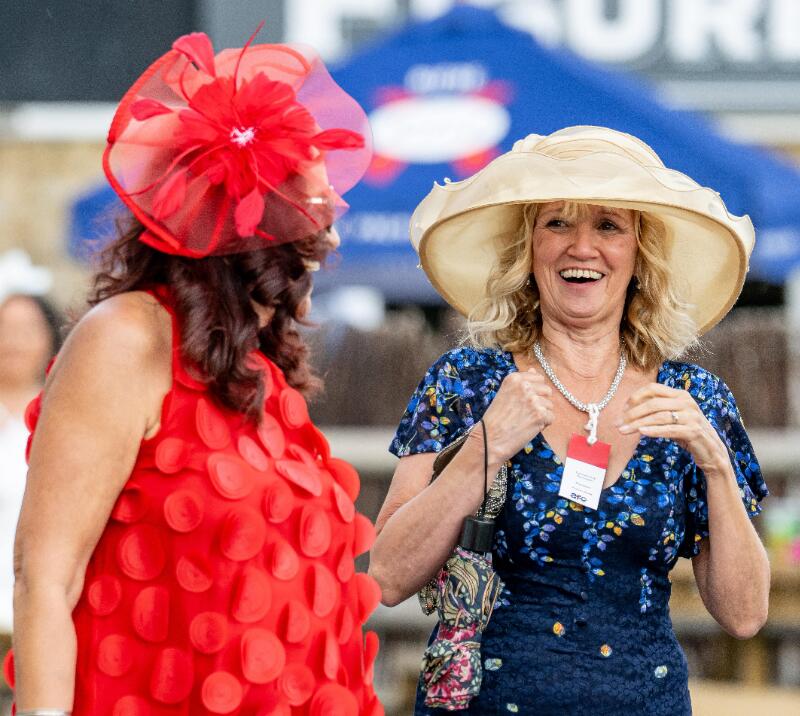 Two ladies in fabulous dresses at Fontwell Park