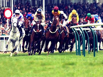 Horses galloping around the bend.