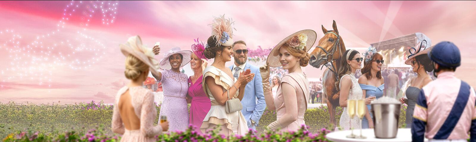 Ladies Day race event banner with stylish racegoers, a jockey and horse, and champagne under a pink sunset sky.
