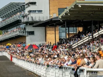 The crowd in the grandstands and on the hospitality balconies at Fontwell Park
