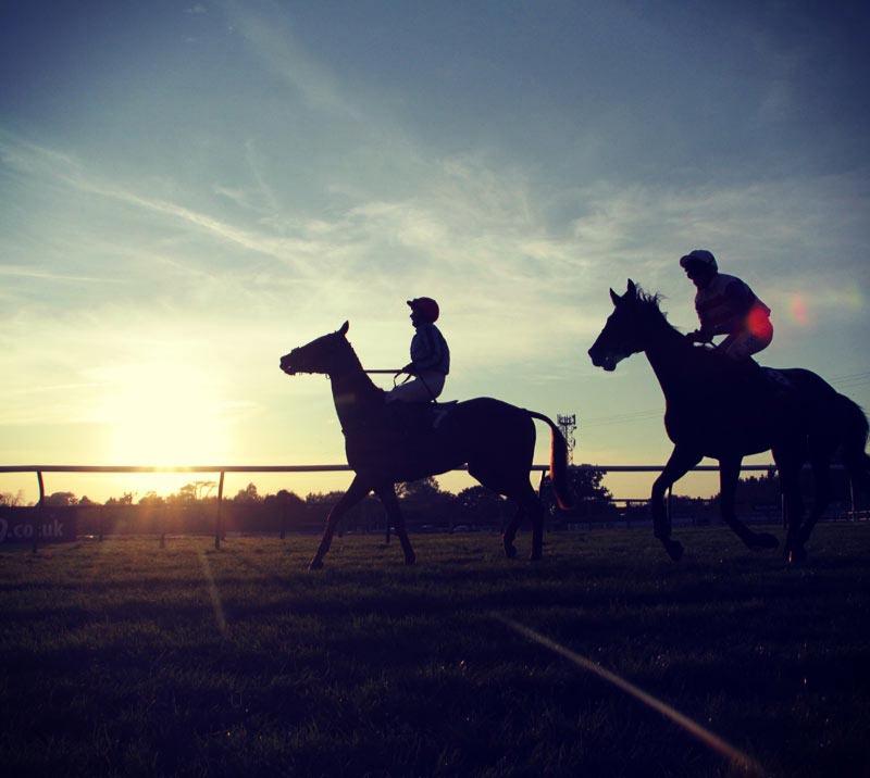 Two jockeys riding on the Fontwell Park Racecourse with the sunset behind them.